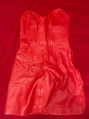 Rare!! Michael Hoban Red Strapless Genuine Leather Mini Dress